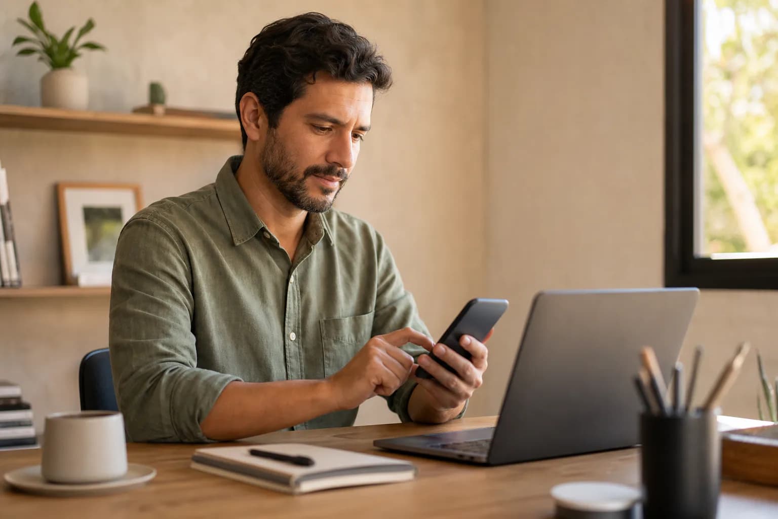 Empreendedor configurando seu canal de atendimento pelo próprio celular e notebook