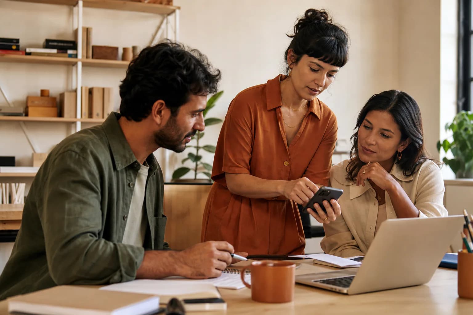 Pequena equipe colaborando no atendimento com notebook e celular